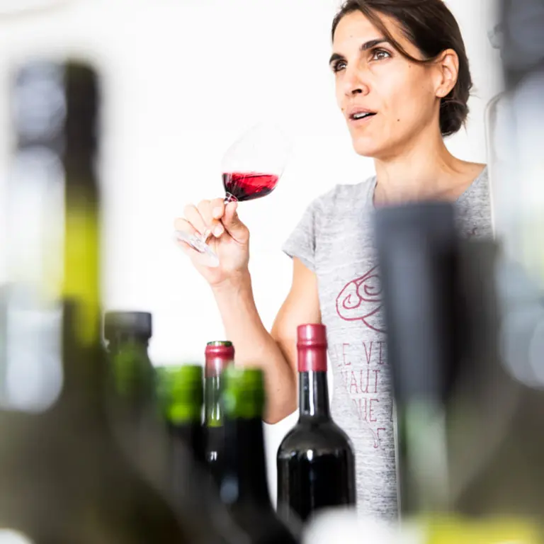 Photo d'une femme brune avec un verre de vin rouge à la main et plusieurs bouteilles de vin rouge devant elle